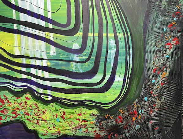 Abstract painting of Family Tree with vivid green and blue tree rings and ghosts.